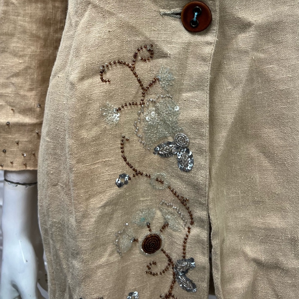 Bebe Vintage Y2K Women's S Beige Linen Beaded Sequins Long Single Button Jacket - Picture 3 of 9